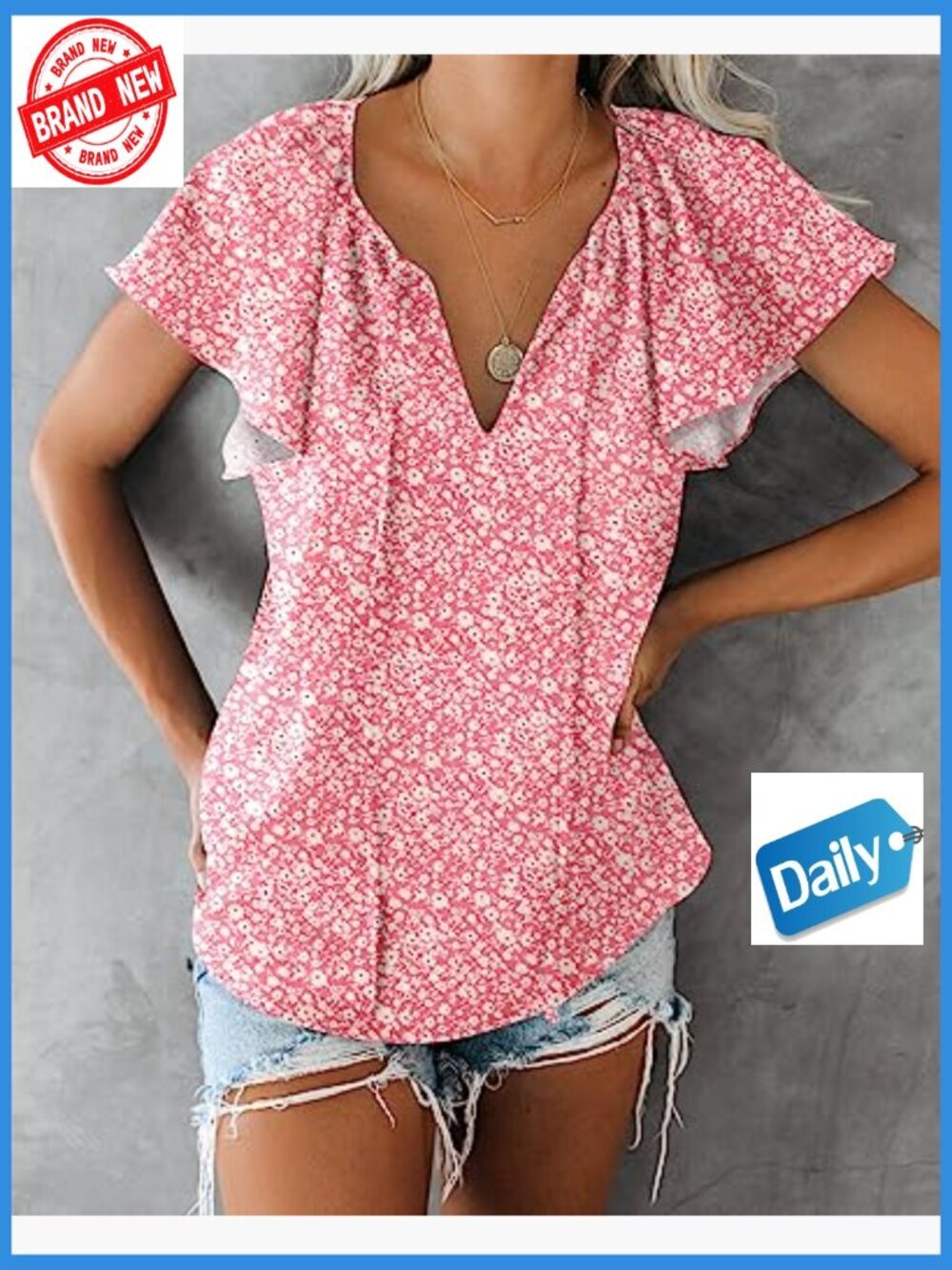 Boho Floral V-Neck Short Sleeve Blouse, Lightweight Polyester Summer Top - Picture 4 of 7